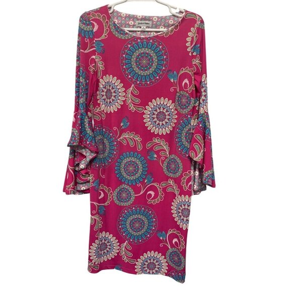 Shelby & Palmer Pink Teal Mandala Print Sheath Dress Flared Sleeves Size 8 BOHO - Picture 1 of 6